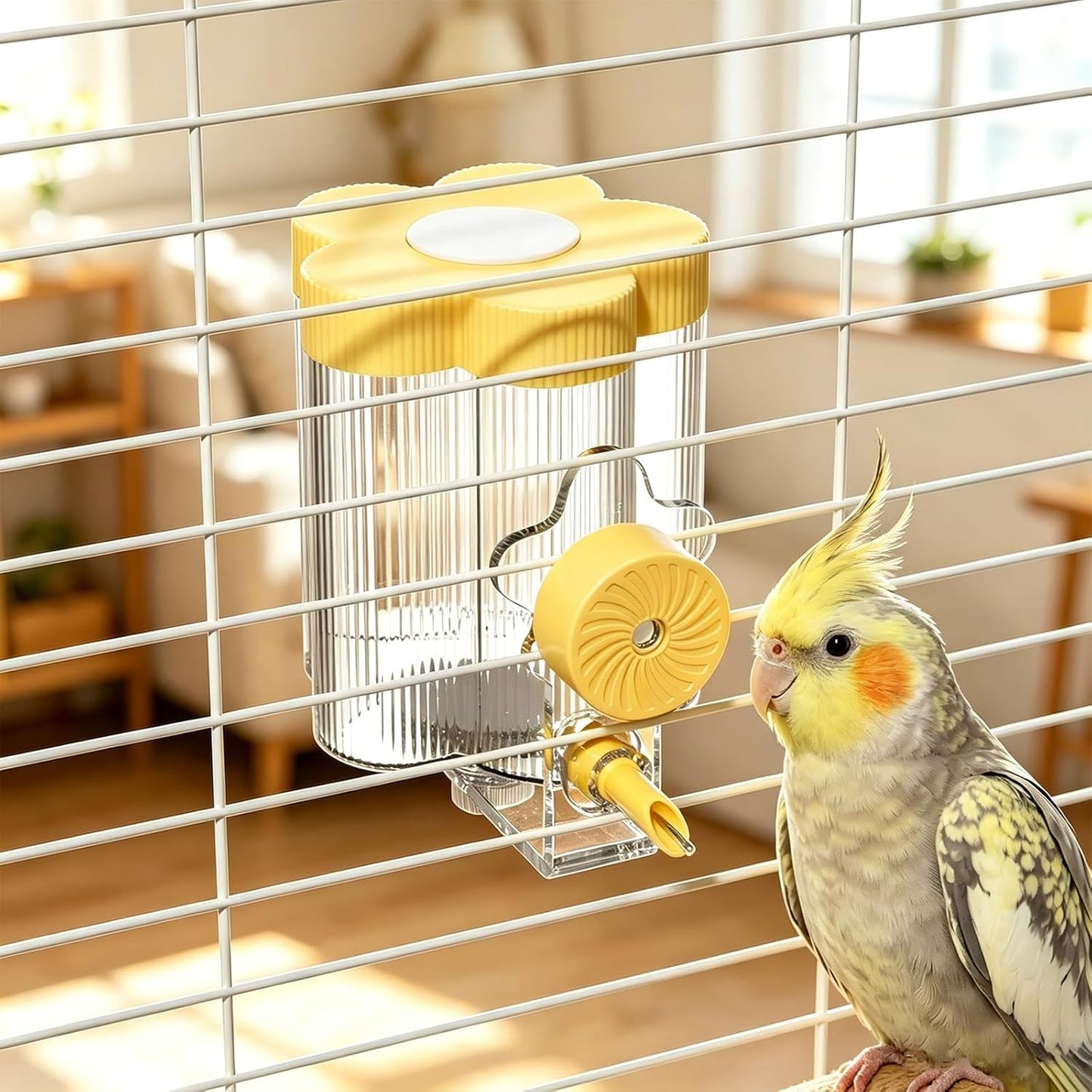 8.4 Oz No Mess Bird Water Feeder, Auto Parrot Cage Water Dispenser (Yellow) | Magnetic Mount, Drip-Free, Easy Top Refill, Mount Inside or Outside Cage, for Parakeets Cockatiels Budgies Lovebirds Canary