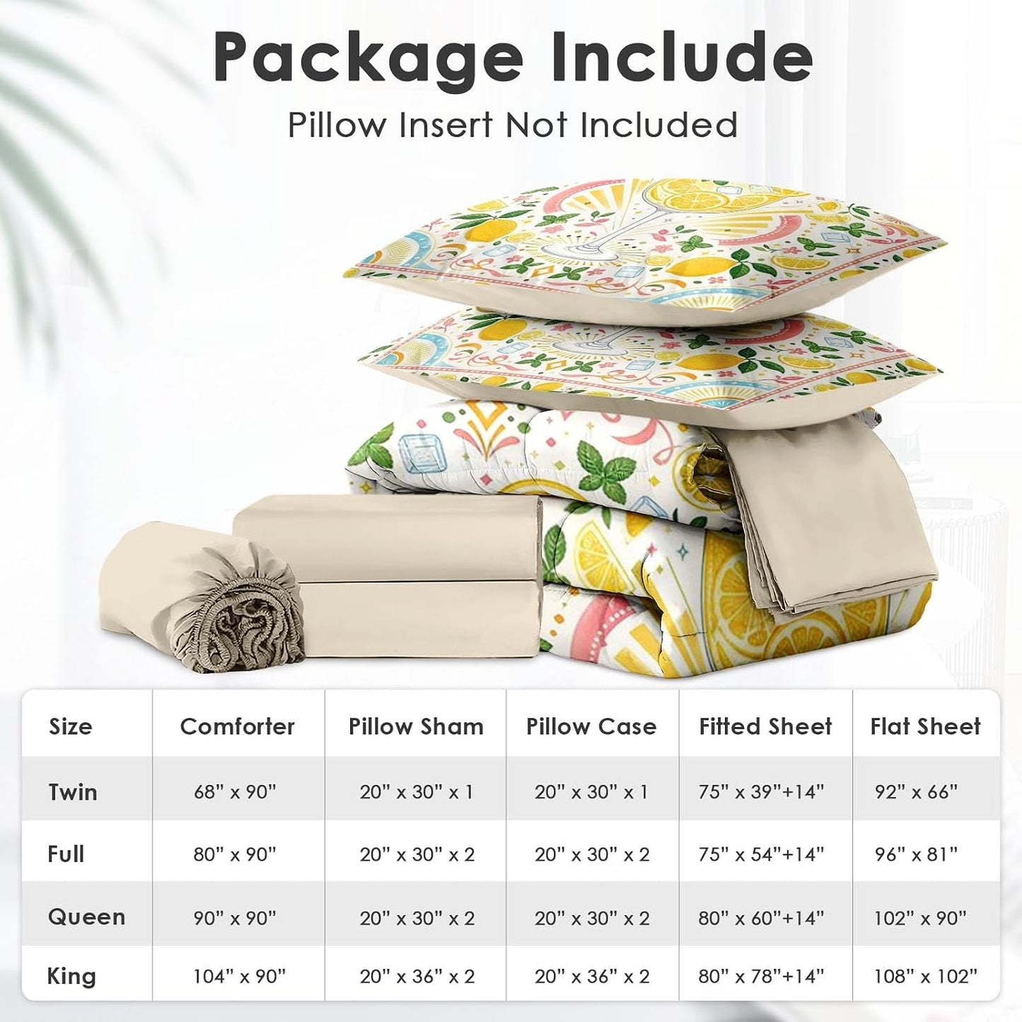 Comforter Set Twin Size Lemon Summer Yellow 7 Pcs, Bedding for Kids and Adults, Bed Sheet Sets with Fitted Sheet 2 Pillowcases & 2 Shams for Bedroom Bed Decor
