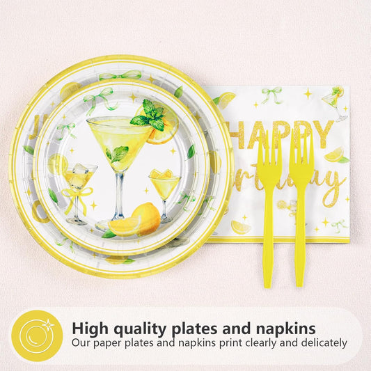 96Pcs Lemon Cocktail Birthday Party Decorations Just A Drop Older Plates and Napkins Disposable Yellow Bow Tableware Set for Vintage Adults Milestone Outdoor Party Supplies, Serves 24