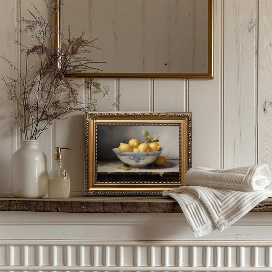 Vintage Gold Framed Wall Art, Vintage Lemons Still Life Canvas Art Prints Painting, Antique Fruit Wall Art Picture, Rustic Kitchen Art Farmhouse Wall Decor for Kitchen, Dining Desktop Decor - 9x12Inch