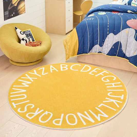 Round ABC Area Rug,47 Inch Soft Floor Carpet,Yellow | Washable Alphabet Circle Rug,Non Slip Floor Mat Ideal for Bedrooms,Kids Rooms,Classrooms