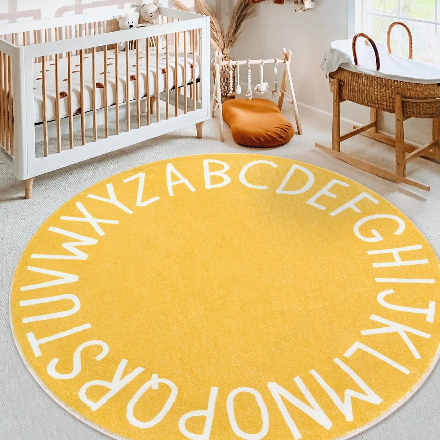 Round ABC Area Rug,47 Inch Soft Floor Carpet,Yellow | Washable Alphabet Circle Rug,Non Slip Floor Mat Ideal for Bedrooms,Kids Rooms,Classrooms