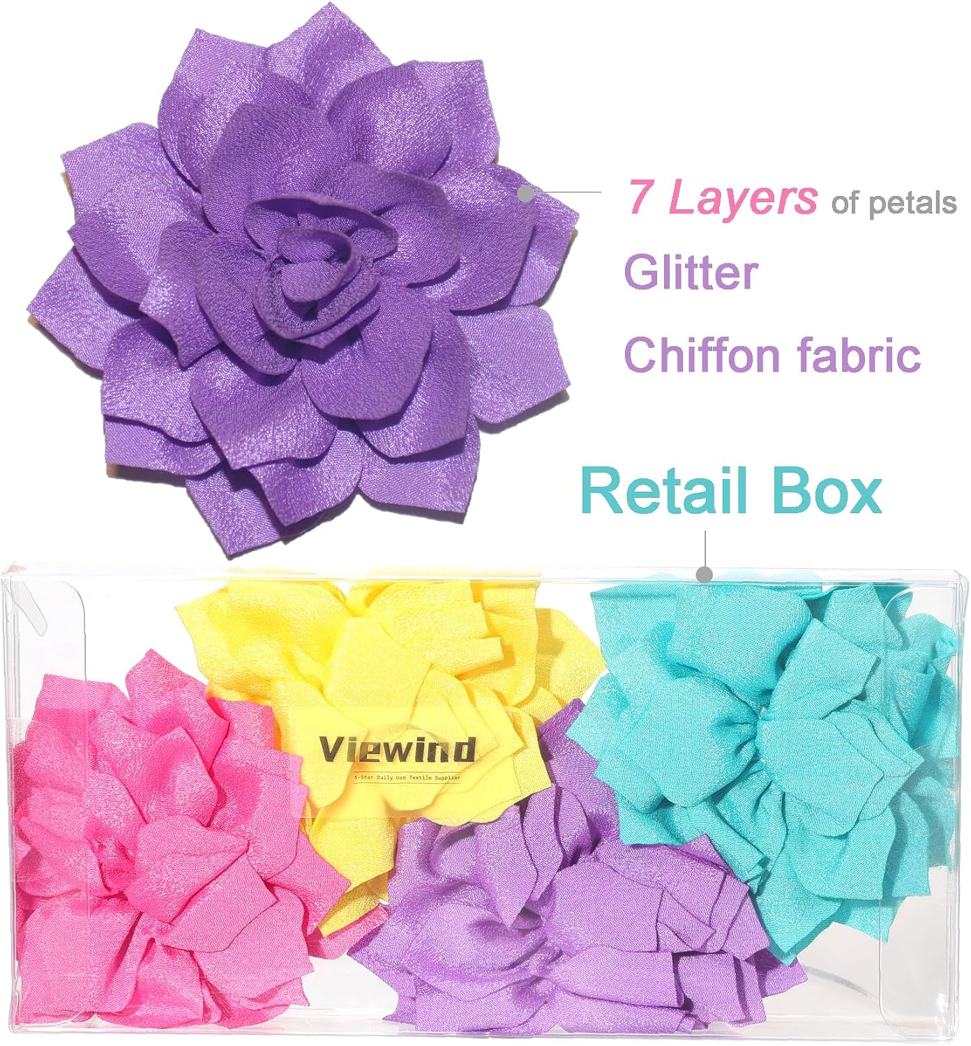 Dog Collar Flowers Attachement Bow Tie Accessories for Pet Grooming 4pcs | OD 8cm; Chiffon; Hot Pink, Mint Cyan, Bright Yellow, Violet