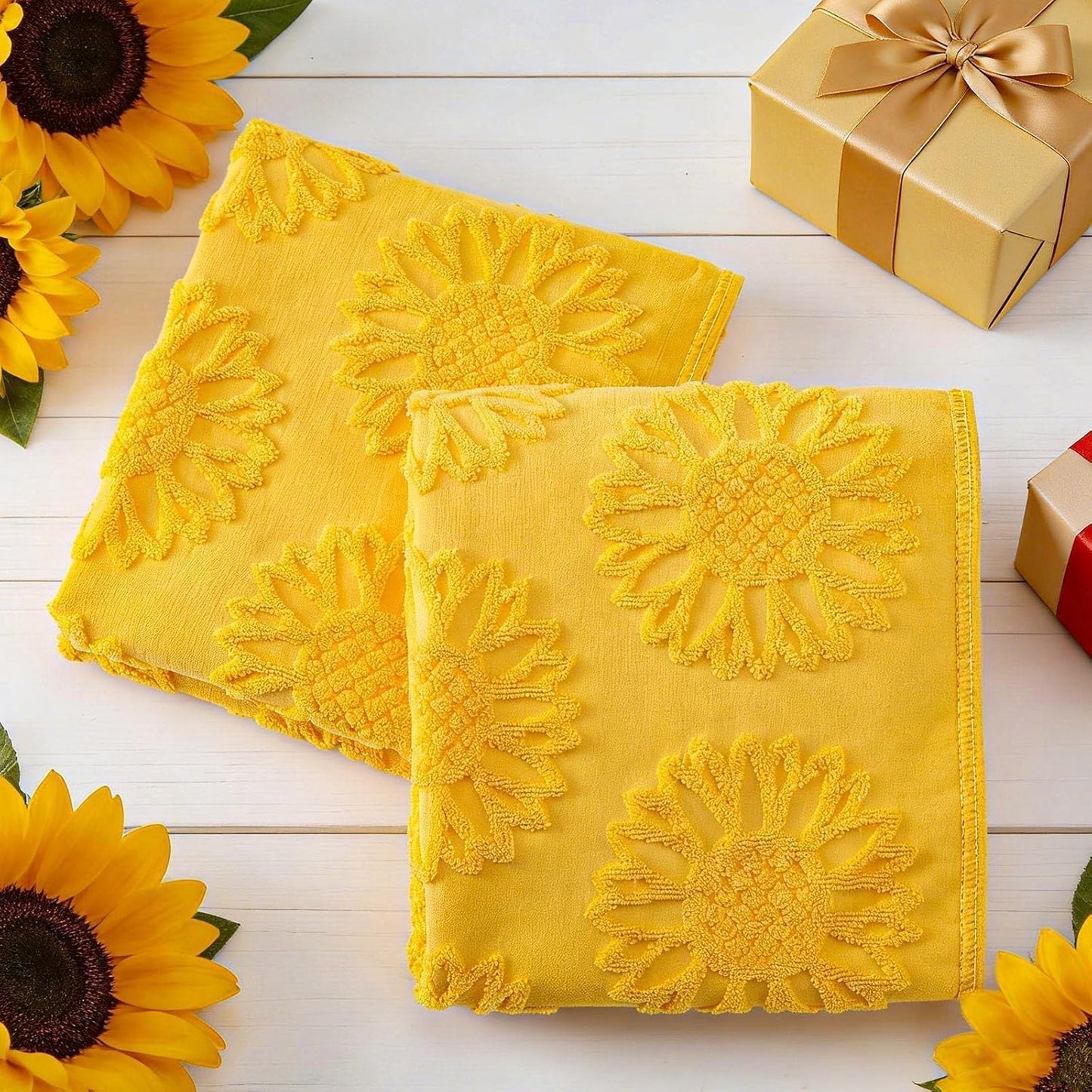 2 Pcs Sunflower Hand Towels 3D Yellow Sunflower Bathroom Decoration 100% Cotton Jacquard Weave Soft Absorbent Dish Decorative Bath Towels Set for Bathroom Kitchen Holiday Spring Summer Gifts 13 x 29in