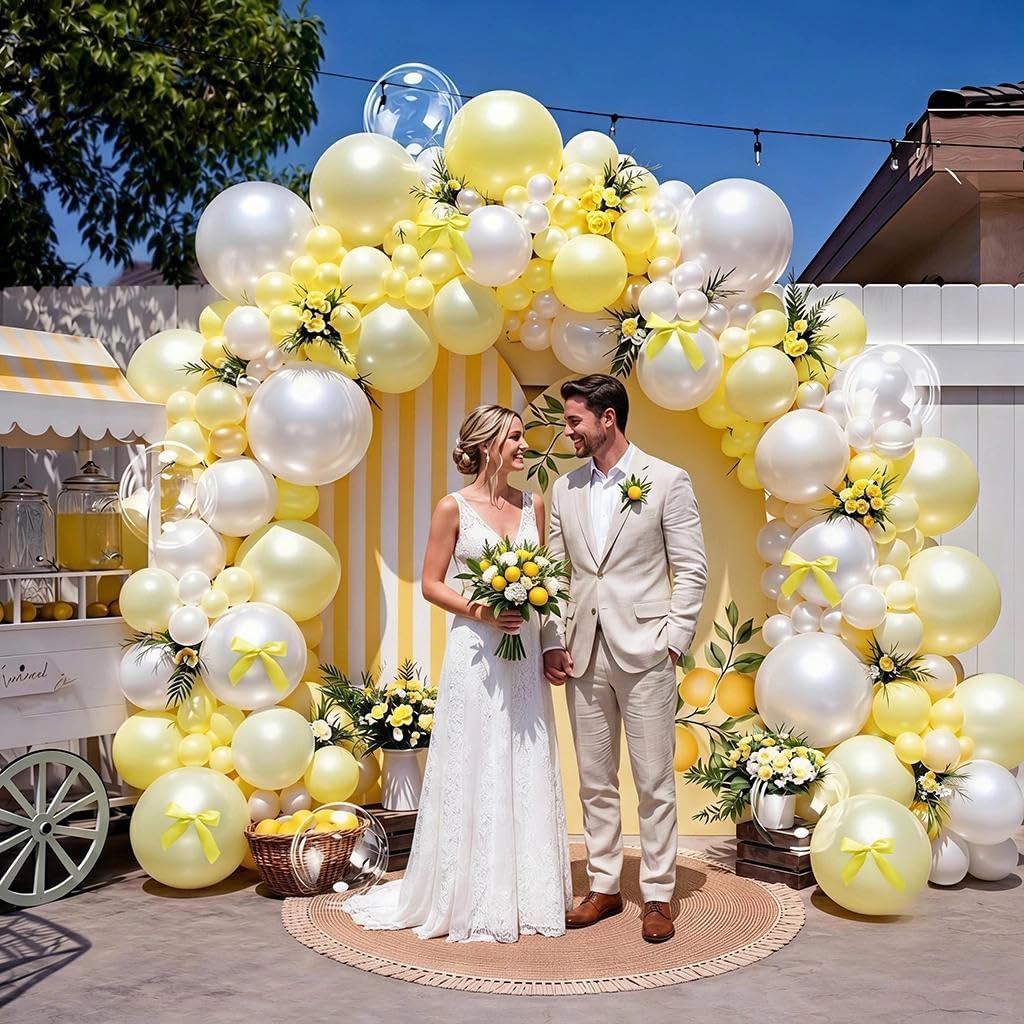 Double Stuffed Yellow White Pearl Balloon Garland | Light Yellow Bobo Balloon Arch with Bow for Bee Baby Shower Birthday Bridal Wedding Summer Lemon Duck Party Decorations