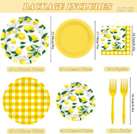 96Pcs Lemon Birthday Party Decorations Lemon Plates and Napkins Yellow Plaid Paper Plates Citrus Fruit Disposable Tableware for Summer Wedding Baby Shower Party Decoration Serve 24 Lemons