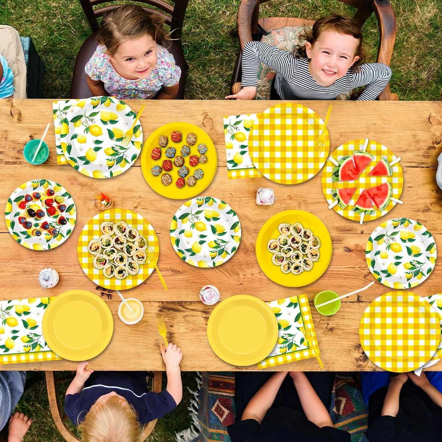 96Pcs Lemon Birthday Party Decorations Lemon Plates and Napkins Yellow Plaid Paper Plates Citrus Fruit Disposable Tableware for Summer Wedding Baby Shower Party Decoration Serve 24 Lemons