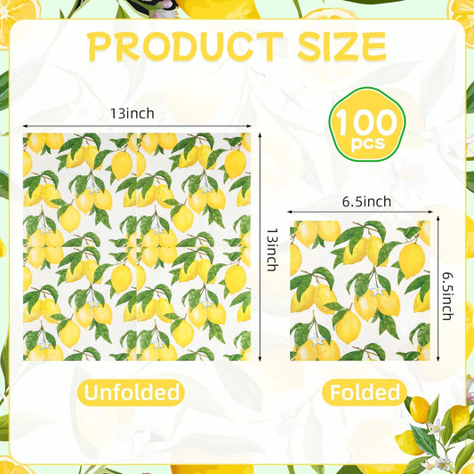 100Pcs Lemon Paper Napkins Yellow Citrus Fruit Party Napkin 6.5in | Summer Bright Botanic Disposable Hand Towel for Birthday Bridal Baby Shower Party Supplies