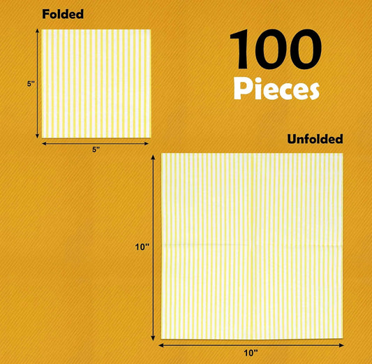 100 Pcs Yellow & White Stripe Cocktail Beverage Napkins Disposable Paper Thin Striped Dessert Napkin for Birthday Baby Shower Party Supplies Decor
