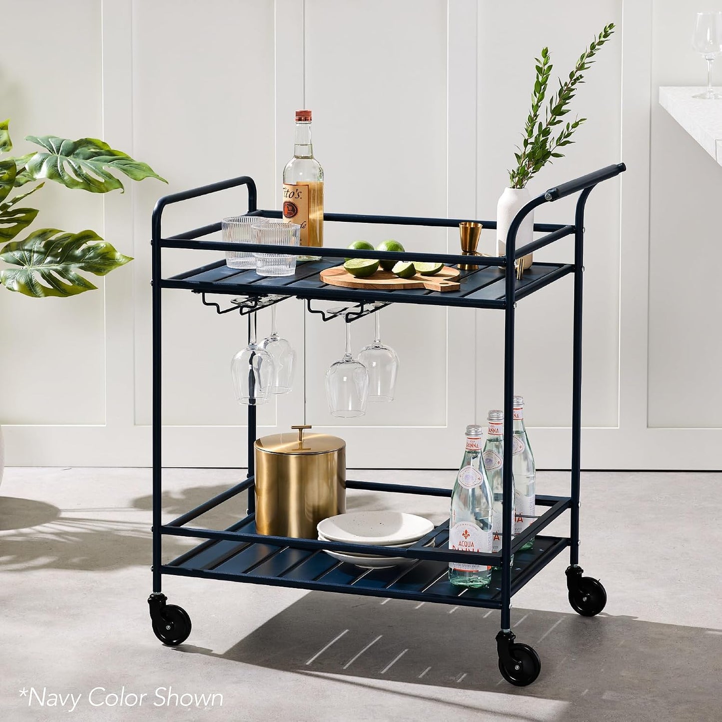 Rolling Bar Cart, Mobile Home Bar Serving Cart, Serving Station w/ 2 Tier Shelves, Wine Rack, Lockable Wheels - Yellow