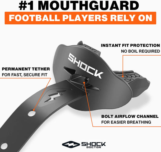 Bolt Lipguard, Adult Mouth Guard Football with Strap. Mouthguard One Size Fits All