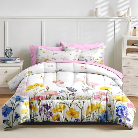 Nesker 7 Pcs Spring Comforter Set King Size, Pink Yellow Floral Bedding Set for Kids and Adults, Colorful Butterfly Bed Sheet Sets with Fitted Sheet 2 Pillowcases & 2 Shams