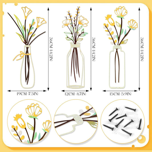 3 Pcs Metal Flowers Wall Arts Metal Flower Wall Decor Minimalist Floral Decor Flowers Boho Wall Art Sculptures for Home Bedroom Kitchen Living Room Decor (Yellow)