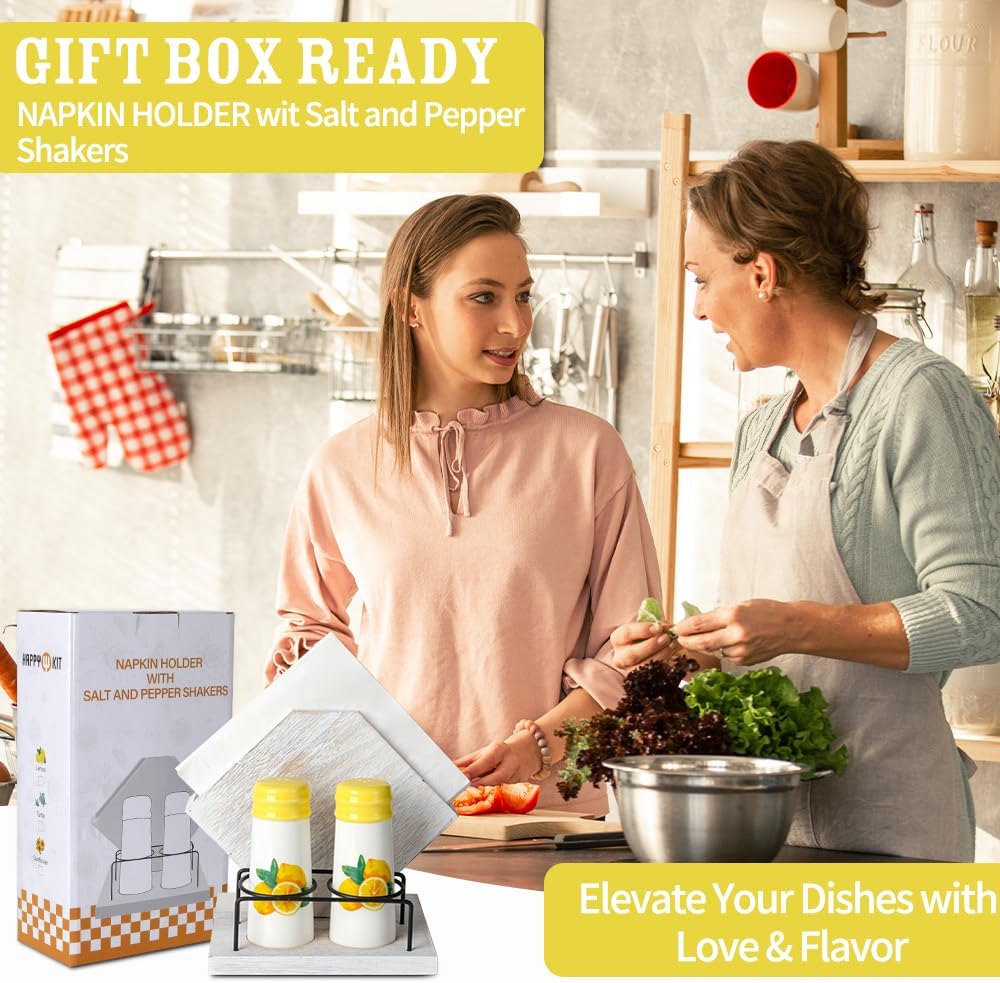 Rustic Farmhouse Napkin Holder Set - Natural Wood Kitchen Organizer with Lemon 2 Salt & Pepper Shakers for Countryside Dining & Minimalist Home Decor (Gift Ready)