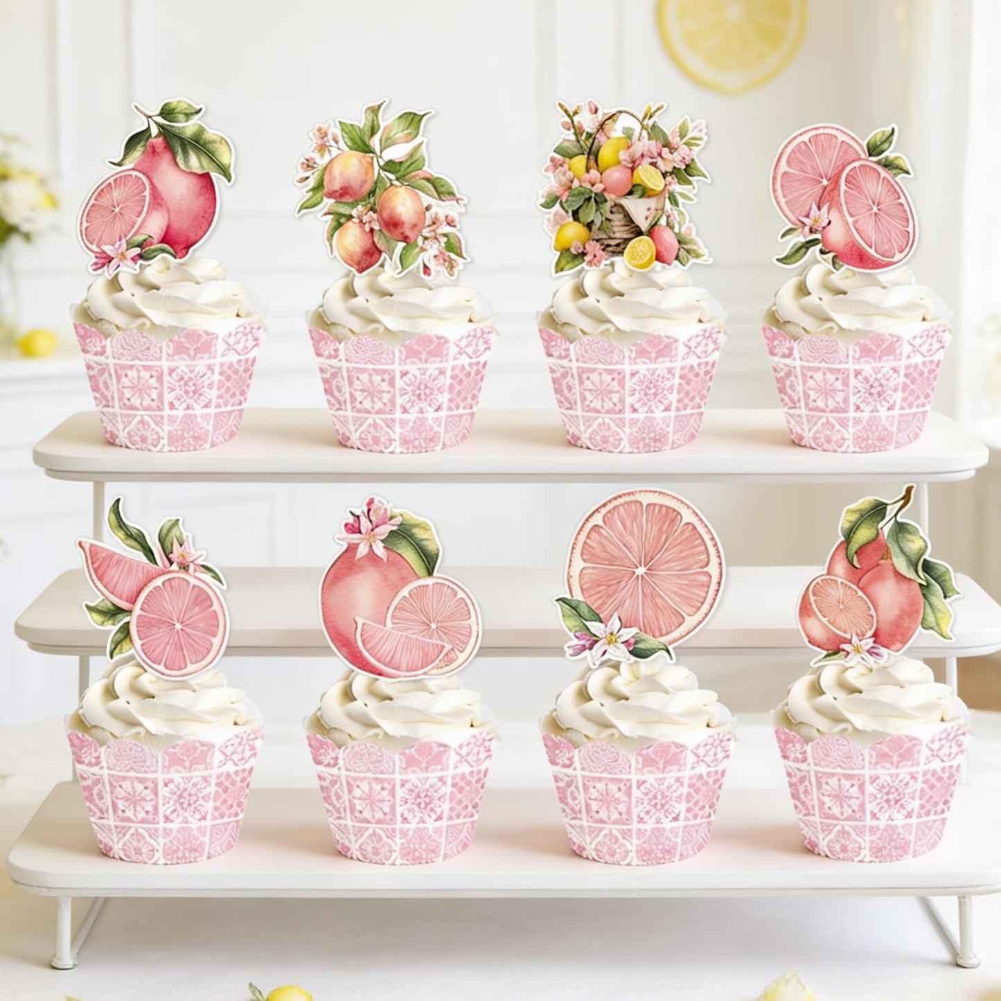Capri Lemon Party Decorations - 48PCS Pink Amalfi Coast Party Decorations Cupcake Toppers & Wrappers Decor, Mediterranean Lemon Citrus Summer Birthday Baby Shower Bridal Wedding Supplies