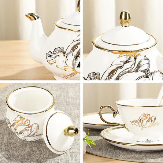 British Porcelain Tea Coffee Set 22 Piece New Bone China Gold Tulip Tea Service for Afternoon Tea, 6 TeaCup and Saucers with Metal Holder for Home Wedding Birthday