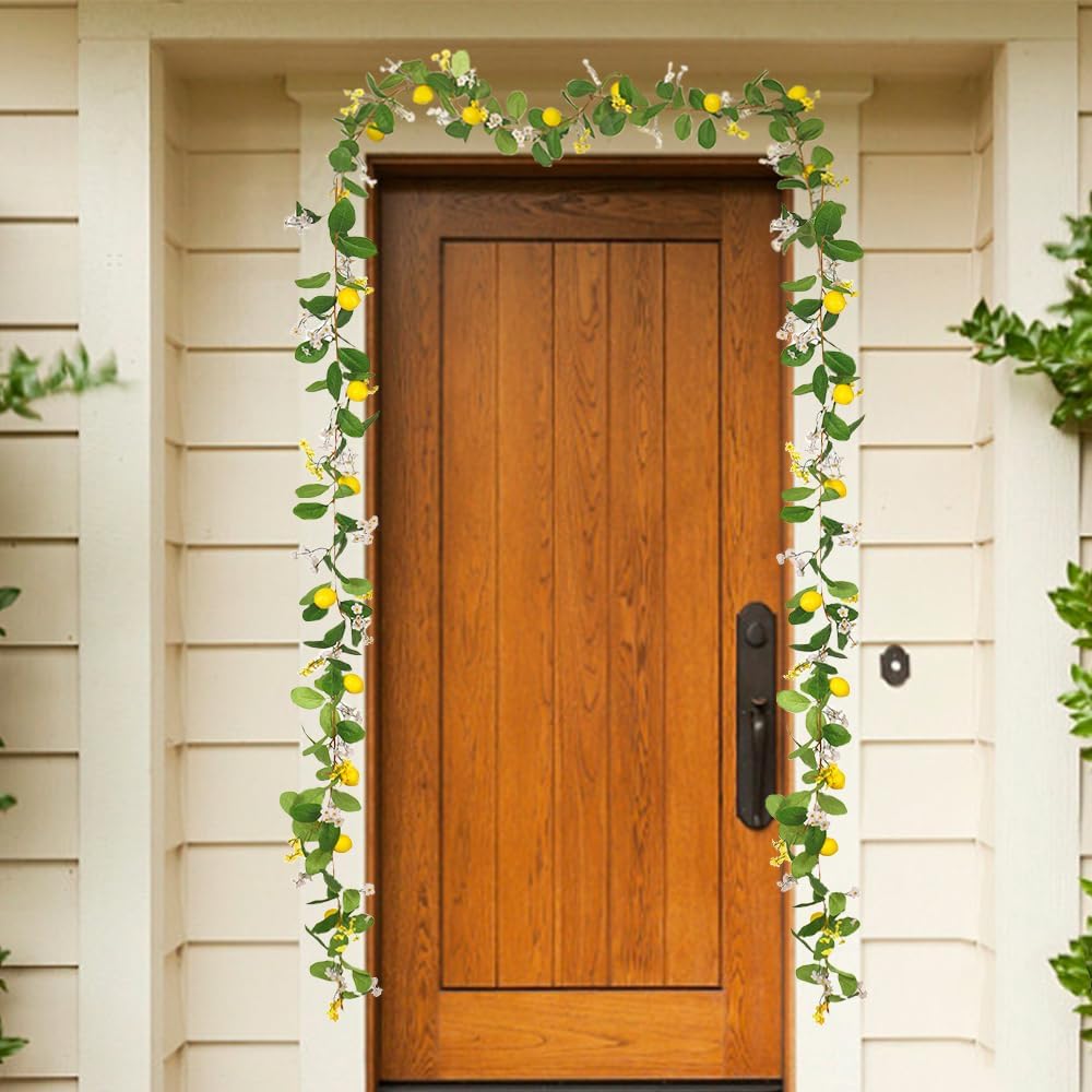 Artificial Lemon Garland with Fairy Lights Spring Summer Greenery Lemon Vine Plant Vivid Fruit Dense White and Yellow Flowers Hanging Wreath for Home Garden Wedding Party Christmas Décor