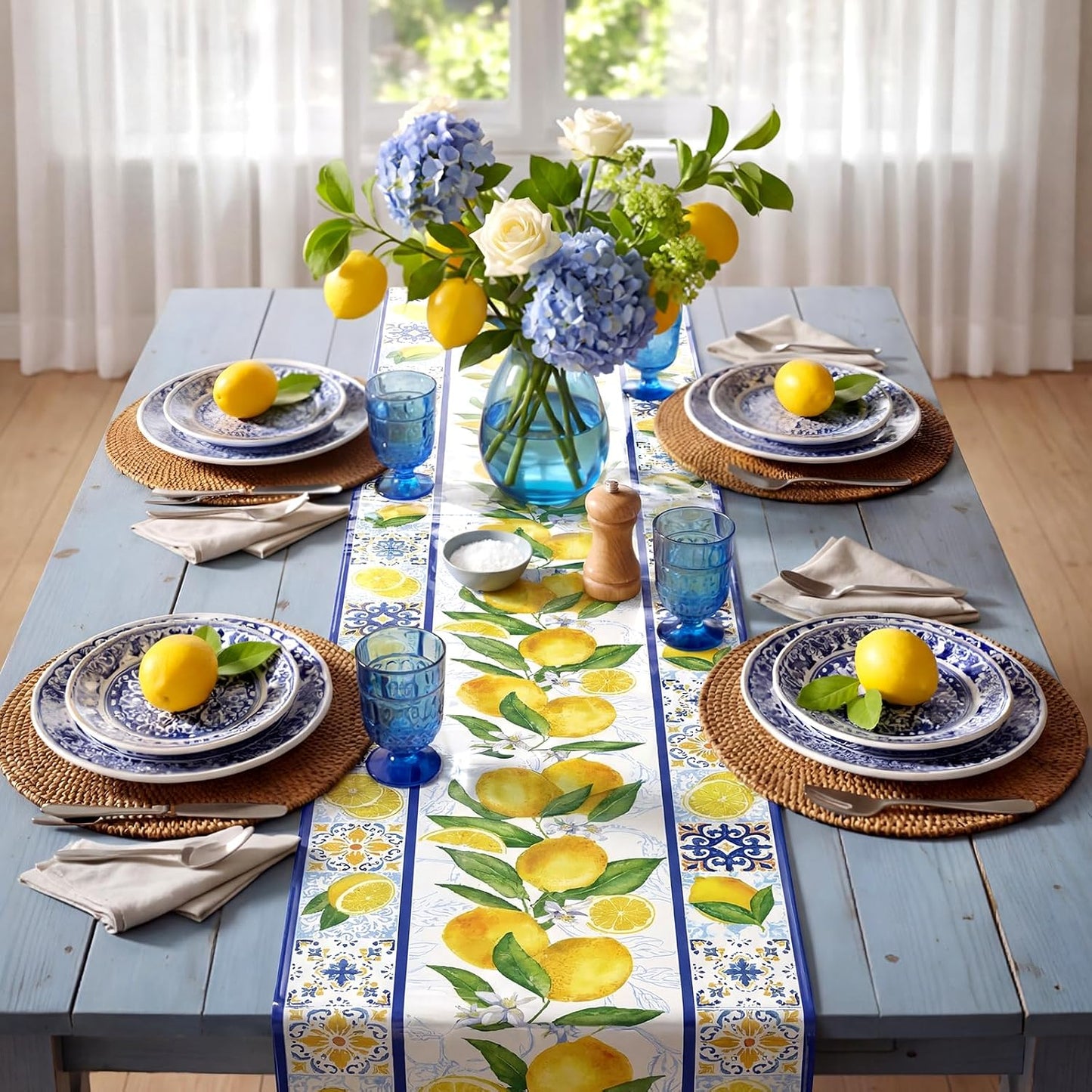 6 Pcs Capri Lemon Party Table Runners Italian Tile Lemon Tablecloth 14 x 108 Inches Disposable Plastic Table Runner for Summer Wedding Lemonade Birthday Party Supplies Home Decor (Fresh)