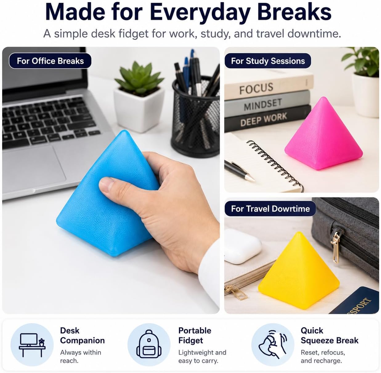 Pyramid Squishy Squeeze Toy for Adults, Soft Sensory Fidget Stress Ball, Stretchy Tactile Desk Toy for Office, Study, Travel, Hand Exercise and Relaxation, Translucent Pyramid Shape (Yellow)