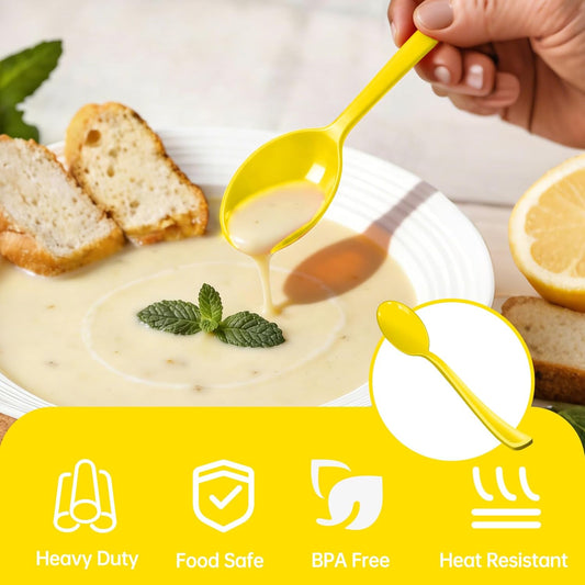 Yellow Plastic Spoons Disposable, 50 Count - 6.8 Inch Heavy Duty Disposable Cutlery Utensils BPA-Free Solid for Party, Picnic, Catering, Daily Use & More (Yellow)
