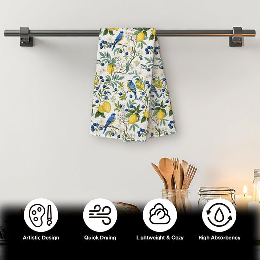 Blue Bird Floral Lemon Kitchen Towels, Cottagecore Lemon Flower Decorative Tea and Dish Towels, Summer Botanical Bird Hand Towel for Bathroom Kitchen, 16x24 Inch