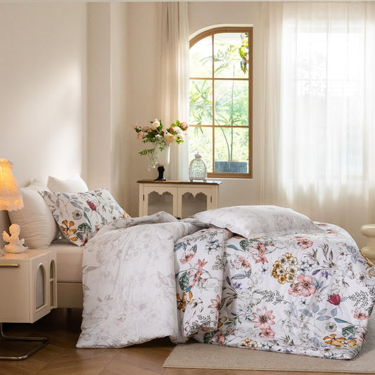 Comforter Queen Size, 600 Thread Count Cotton Pink & Yellow & Blue Floral Pattern Comforter Set,Down Alternative Bedding Set 3Pcs(Queen, Spring Whispers)