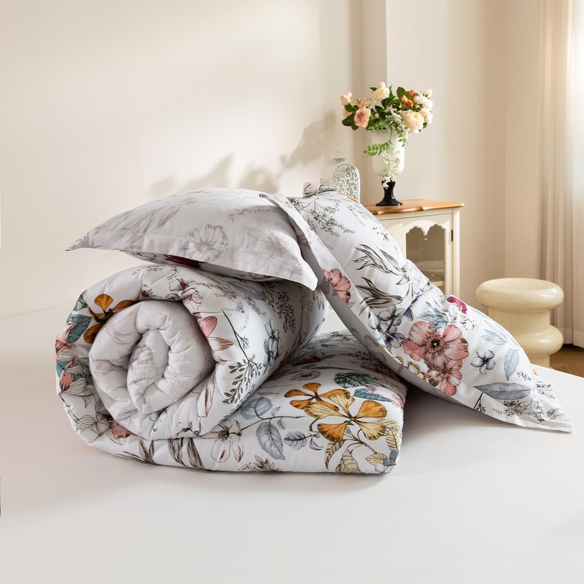 Comforter Queen Size, 600 Thread Count Cotton Pink & Yellow & Blue Floral Pattern Comforter Set,Down Alternative Bedding Set 3Pcs(Queen, Spring Whispers)