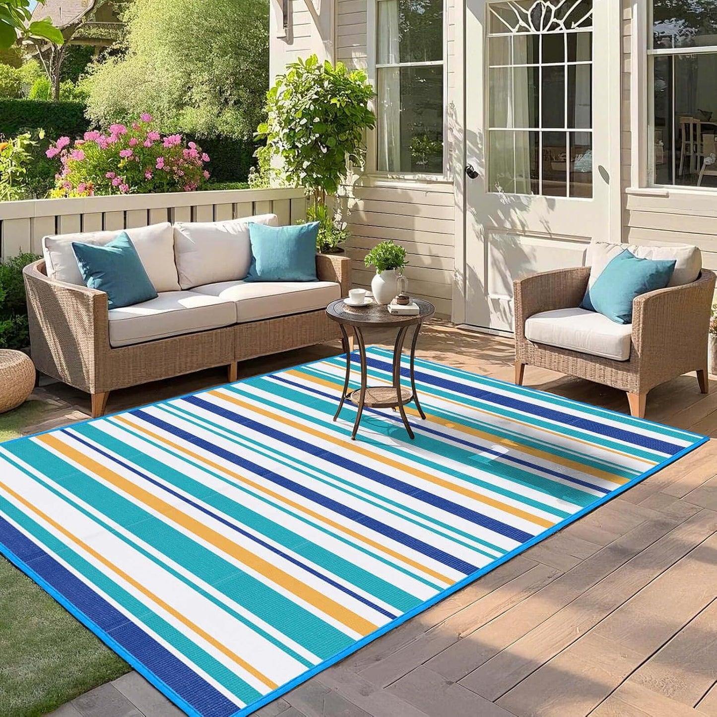 Outdoor Patio Plastic Rug Waterproof - Outdoor Rugs for Camper Outside, Rv, Porch Deck Clearance, Area Carpet for Outside, Balcony, Patio Decor, Blue & Yellow, 4x6 ft
