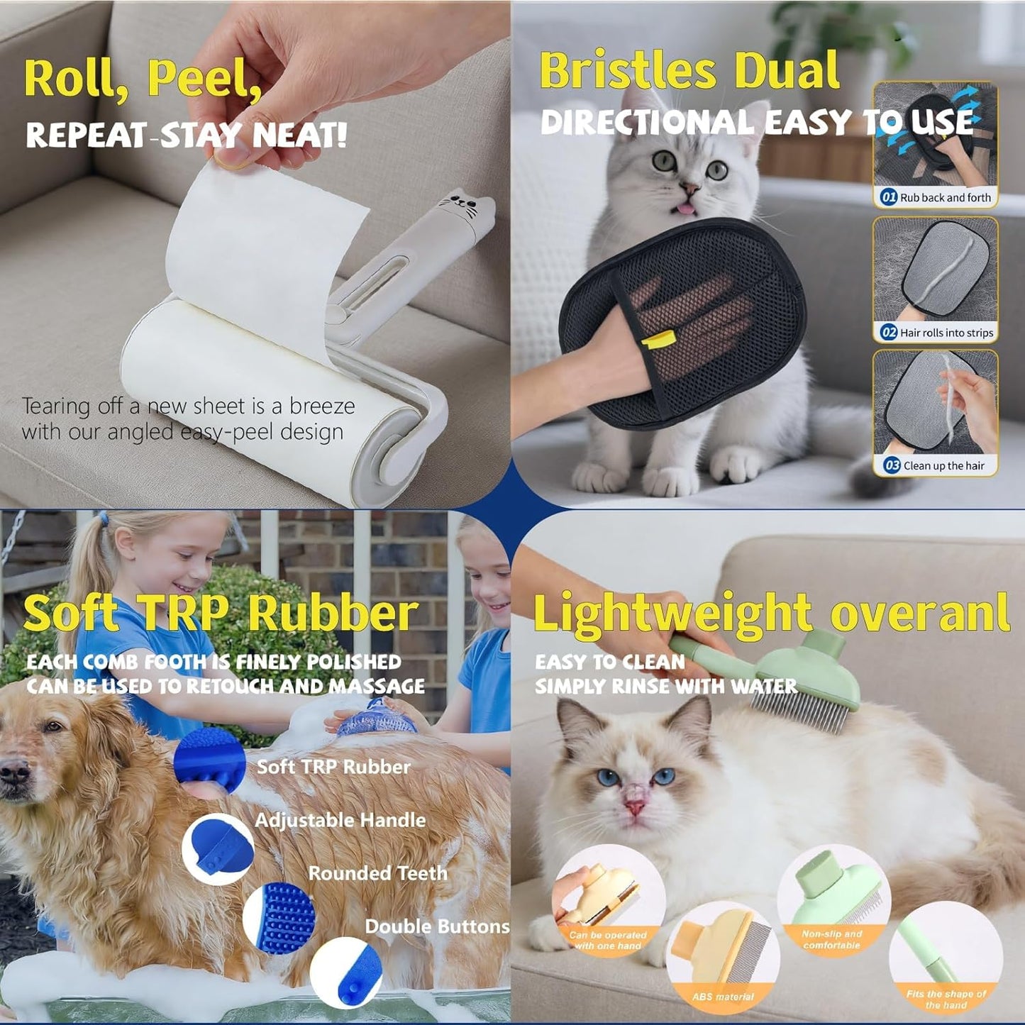 4-in-1 Pet Hair Remover and Grooming Kit for Dogs Cats, Reusable Lint Roller, Deshedding Glove, De-Shedding Tool for Fur Removal and Silicone Bath Brush for Dog Cat Furniture Clothing Car Seats, Blue