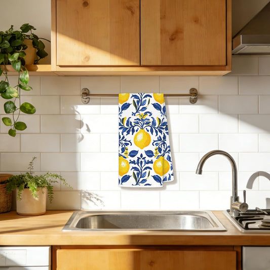 Mediterranean Lemon Kitchen Towels 16x24 in, Cottagecore Blue and Yellow Farmhouse Fruit Botanical Decorative Hand Tea Dish Towels for Bathroom Kitchen, Lemon Bathroom Decor