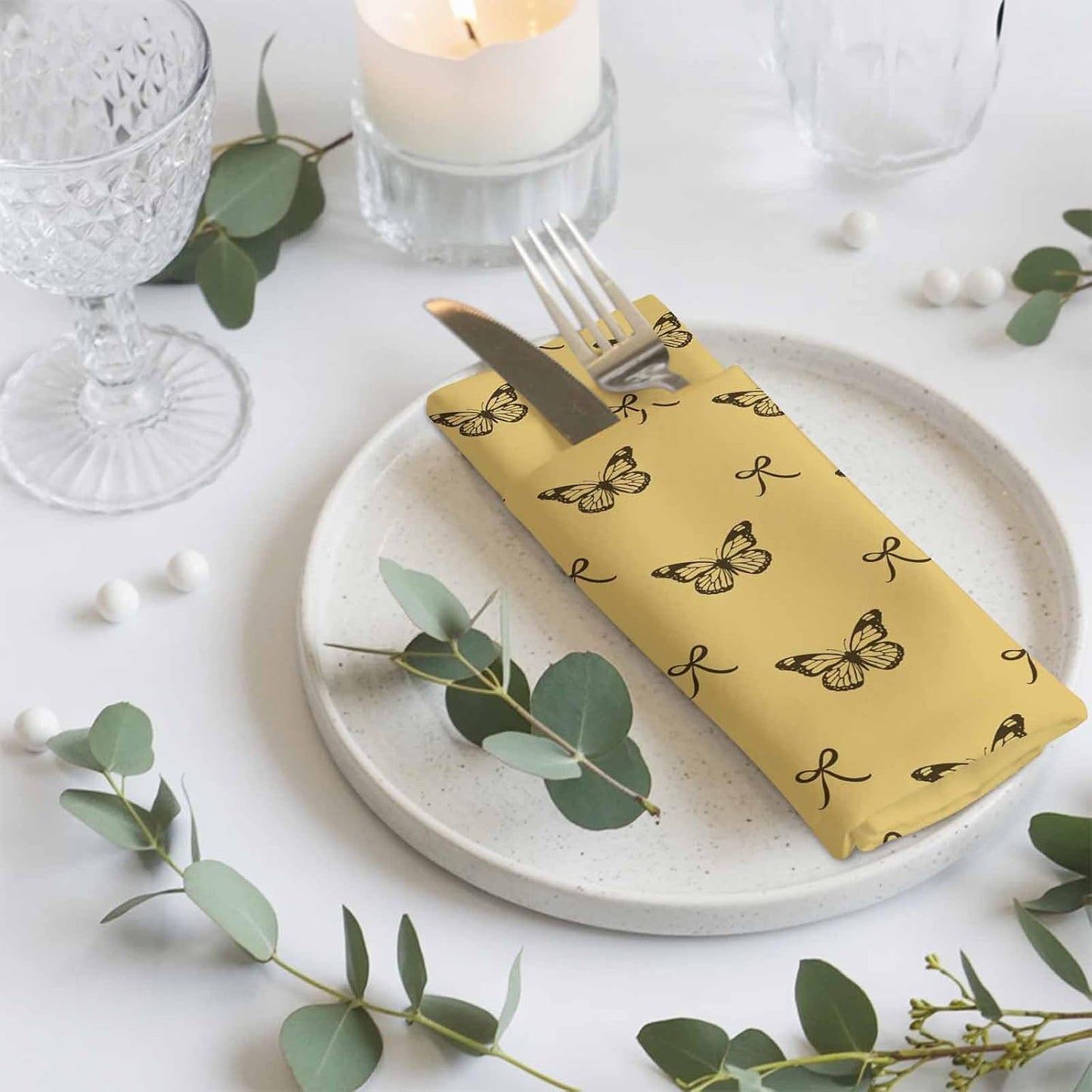 Cloth Napkins Set of 1pcs, Spring Butterflies Bow Dinner Napkins Cloth Washable Reusable Napkin for Wedding Holiday Party Dinner Table Decor Yellow Background