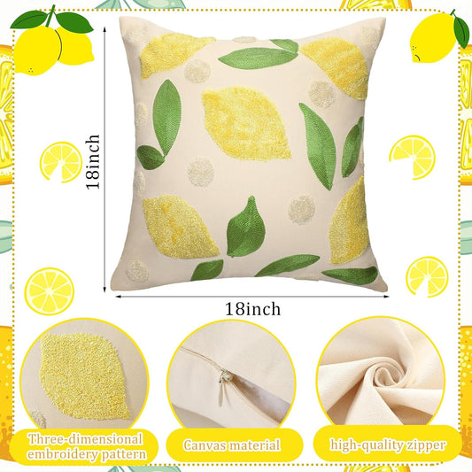 2 Pcs Lemon Embroidered Pillow Covers 18 x 18 Inch Summer Fruit Jacquard Decorative Pillow Covers, Leaf and Lemon Farmhouse Soft Plush Pillowcase for Sofa Bed