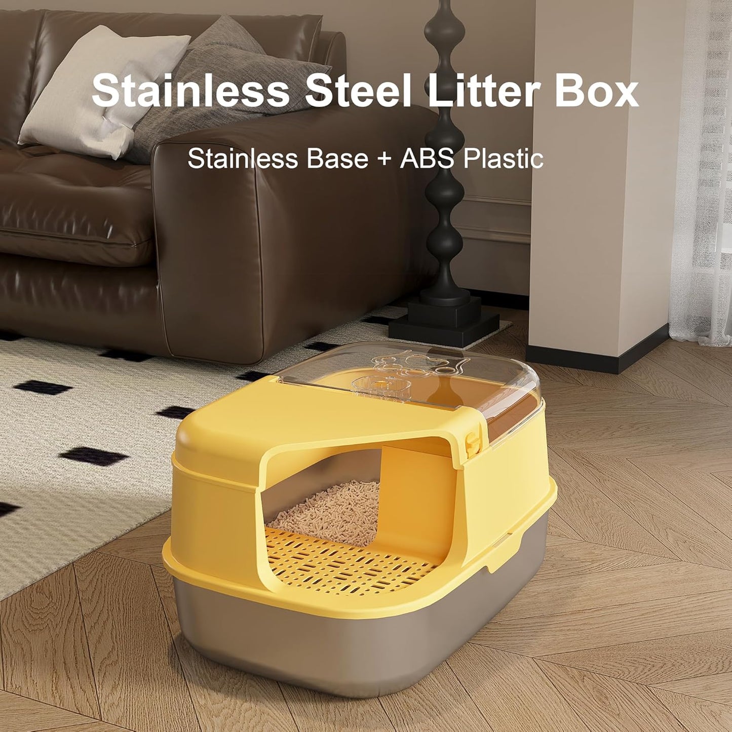 3-in-1 Convertible Cat Litter Box, ABS + Stainless Steel Pan, Enclosed Low Entry High Sided Box with Litter Trapping Grid, 23.1x16.93x14.1 Inch, for Senior Kittens & Large Cats(Yellow)