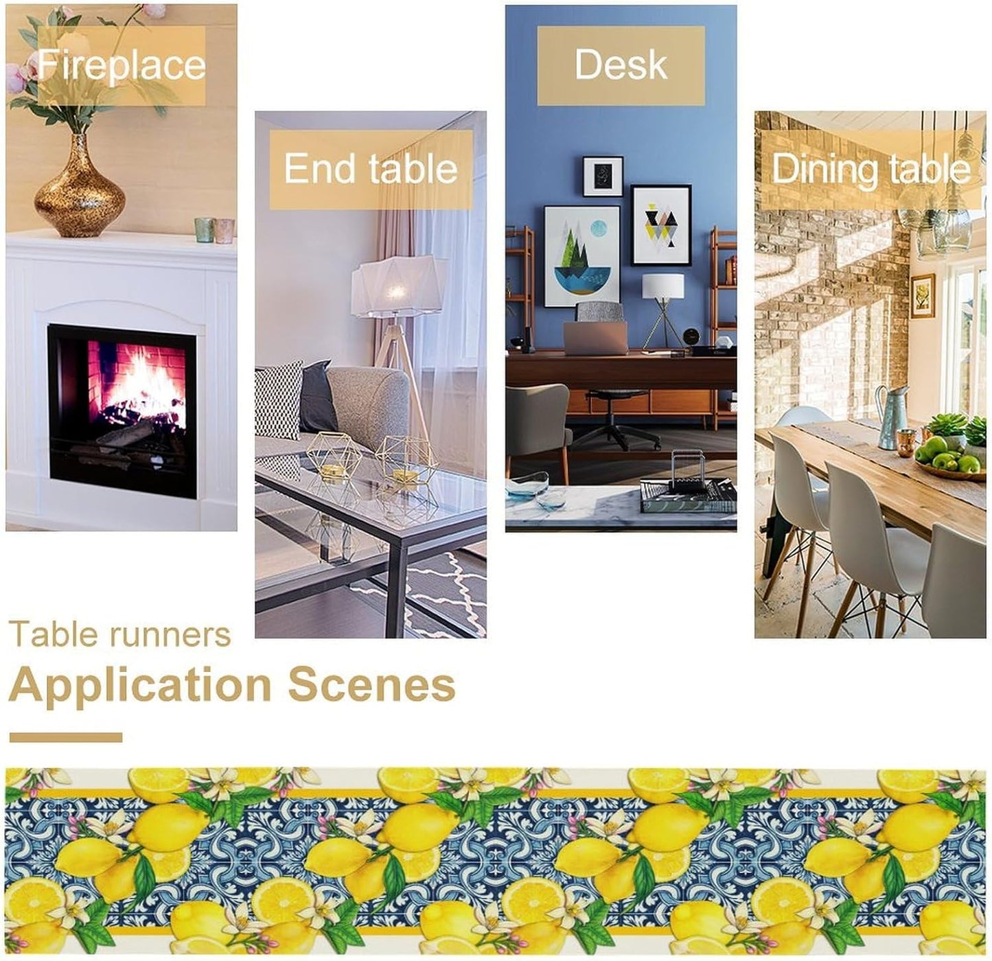Lemon Table Runner Summer Blue Tiles Lemons Kitchen Dining Table Decoration Italian Lemons Table Cover for Home Party Decor 13x36 Inch