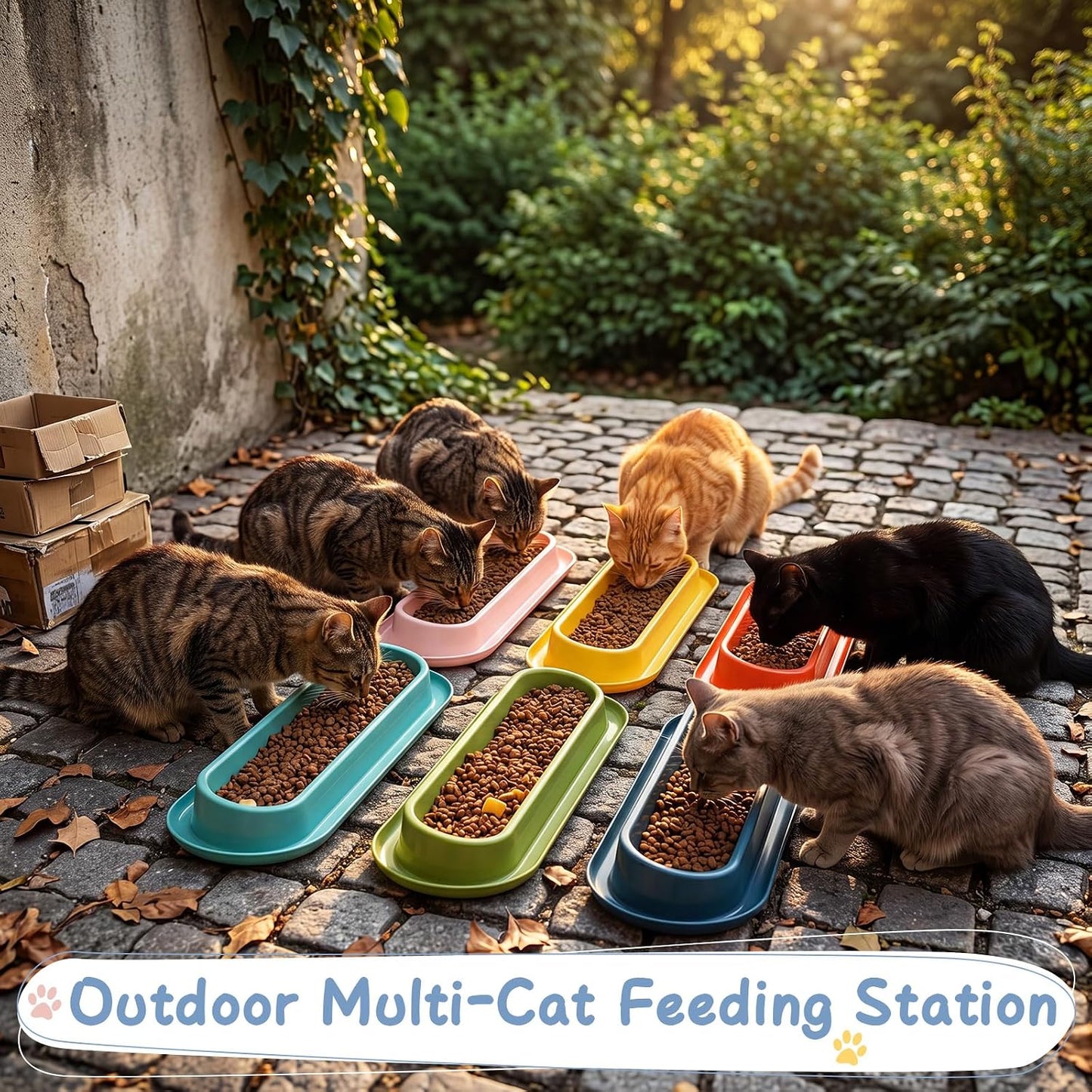 8 Pack Large Capacity Long Cat Food Bowls, 16 x 5 Inch Colorful Non-Slip Easy Clean Dishes for Multi-cat Home, Indoor Outdoor Cats Food and Water Feeding Bowls