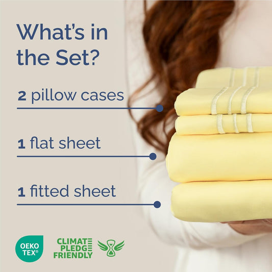 Full Size 4 Piece Sheet Set - Comfy Breathable & Cooling Sheets - Hotel Luxury Bed Sheets for Women & Men - Deep Pockets, Easy-Fit, Extra Soft and Wrinkle Free Sheets - Yellow Oeko-Tex Bed Sheet Set