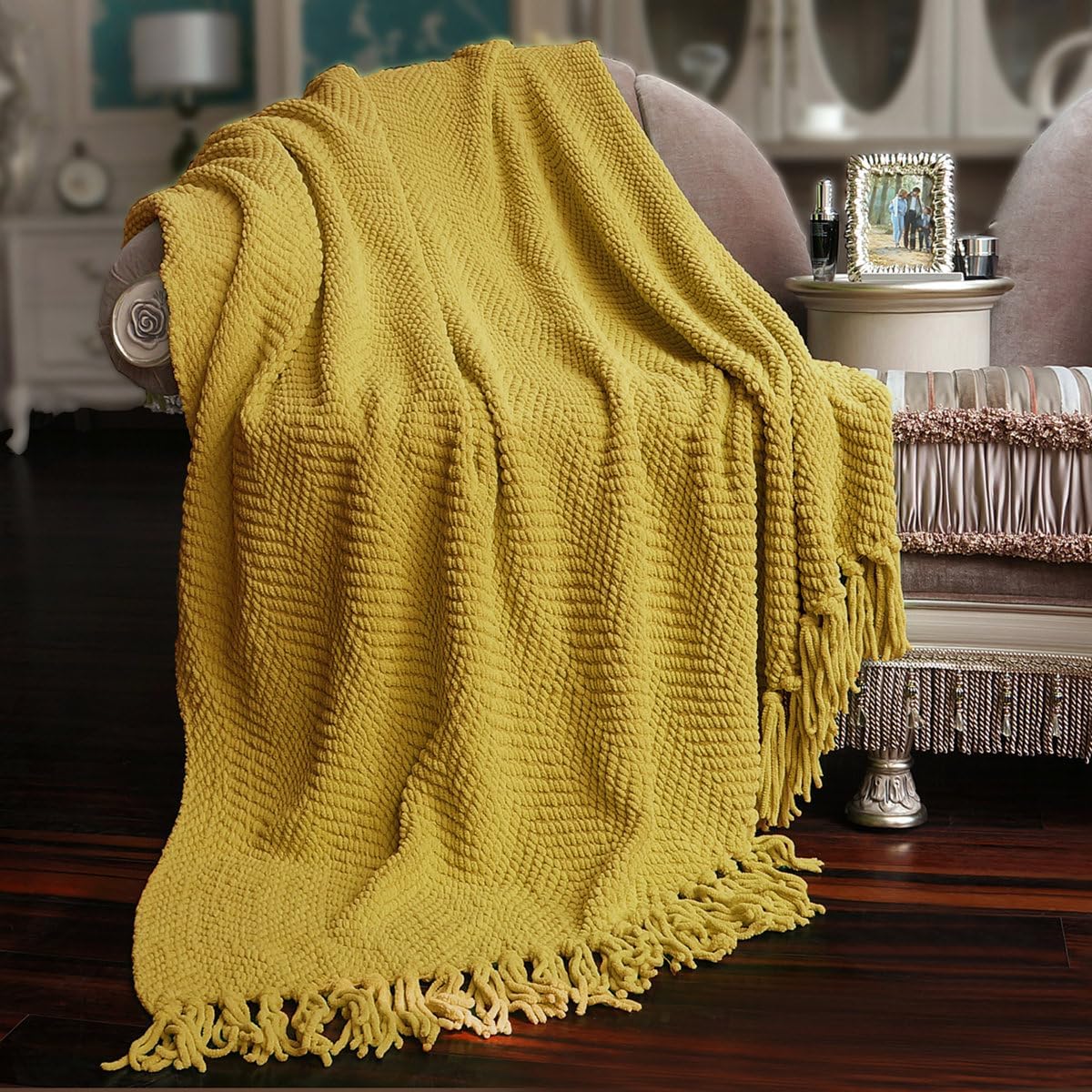 Lightweight Classic Hand Woven Design Knitted Throw Blanket | Mustard Yellow Color Chevron Pattern Beachy Coastal Look Knotted Fringe All Seasons | Reversible Super Soft Plush Cozy Feel 50" x 60"