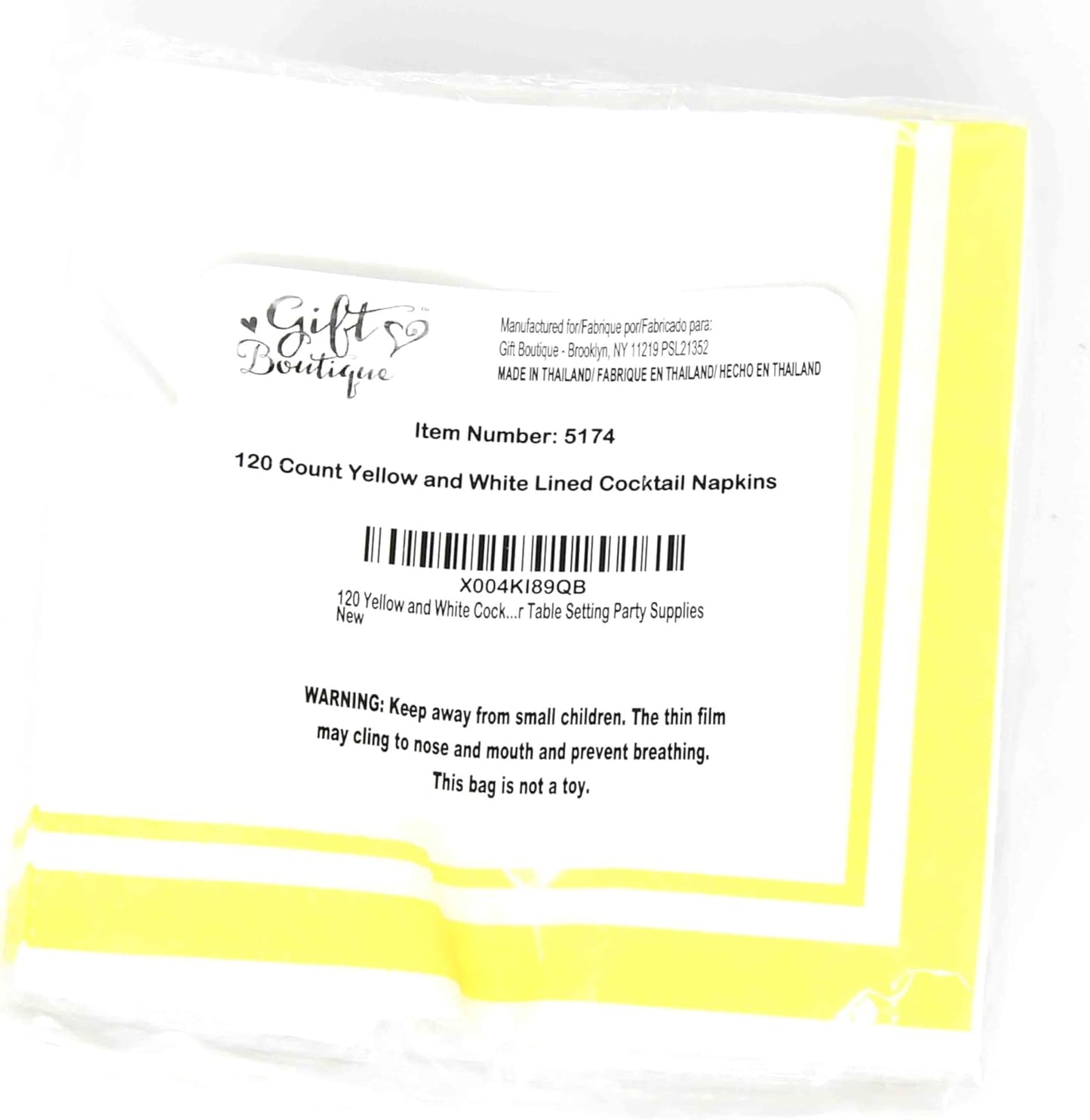 Yellow and White Cocktail Napkins – 120 Pack 5 x 5 Inch 3-Ply Disposable Lined Beverage Napkins for Parties, Birthdays, Baby Showers, Summer Events, and Everyday Entertaining