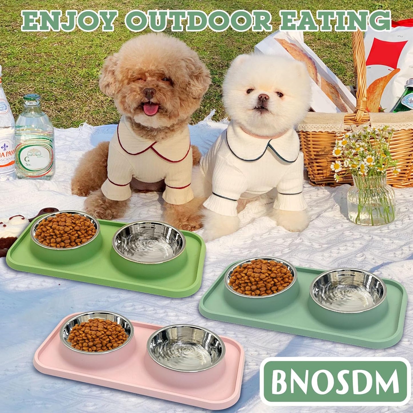 Double Dog Food Bowls Stainless Steel Dog Food and Water Bowls with Non-Spill Plastic Mat Pet Cat Feeder Bowl Set for Puppy Cats Kitten Small Medium Dogs Green
