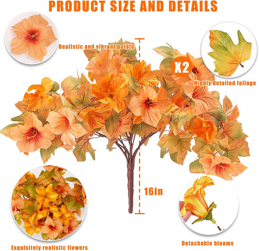 2Pcs Artificial Fall Fake Petunias Flowers Plants for Outdoor Decoration | Orange Yellow,UV Resistant, Faux Silk Flowers,No Fade, Floral for Front Porch, Patio, Balcony, Yard,Autumn Outside Decor