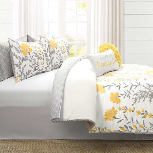 Aprile Soft Reversible Floral Comforter Set, 8 Piece Set, King, Yellow & Gray - Floral Bedding Set - King Sized Comforter - Yellow Bedding - Spring Home Decor - Cottage - Farmhouse