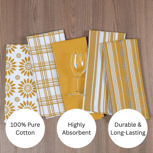 Assorted Kitchen Towels Set of 5-100% Cotton Dish Cloths Towels with Hanging Loop - Soft, Absorbent & Washable for Kitchen Use - Quick Drying Dish Towels 16x26 Inch Mustard Yellow