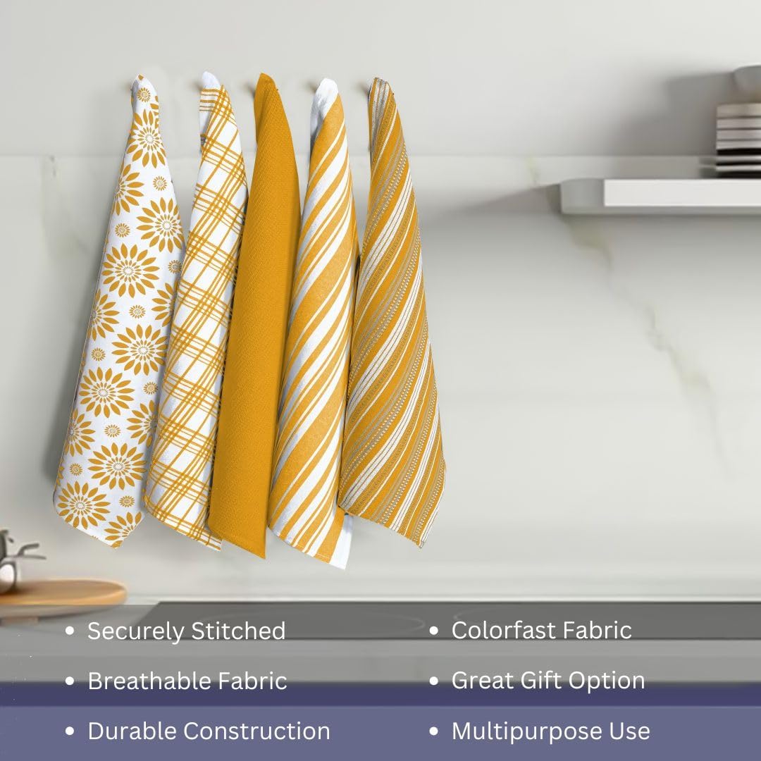 Assorted Kitchen Towels Set of 5-100% Cotton Dish Cloths Towels with Hanging Loop - Soft, Absorbent & Washable for Kitchen Use - Quick Drying Dish Towels 16x26 Inch Mustard Yellow