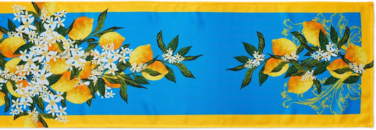 Provence Blue Lemon Mediterranean Tile Tabletop for Spring Summer Decorations, Picnics and Dinner Parties - Indoor Outdoor, Stain and Water Resistant, Table Runner, 14 x 72