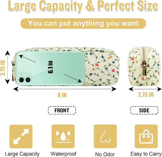 Nylon Small Floral Makeup Bag Slim Pouch, Preppy Cute Makeup Brush Case Bag Flower Cosmetic Zipper Pouch for Purse, Waterproof Travel Toiletry Bag Make Up Organizer for Women Girl(Light Yellow-Flower)