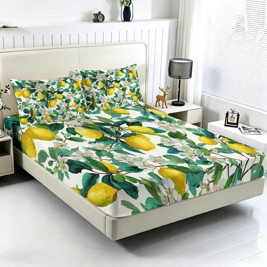 King Size Sheet Set Fruits Floral β 4 Piece Bed Sheets Fresh Yellow Lemons White Flowers, Soft Microfiber, Includes 1 Fitted Sheet, 1 Flat Sheet and 2 Pillowcases, for Guest Room, Yellow White