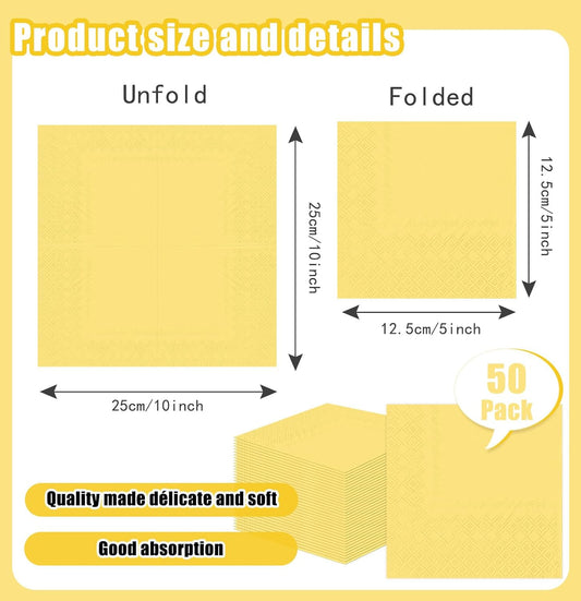 50 Pieces Yellow Napkins Disposable 3-Ply Yellow Cocktail Napkins Paper Dinner Napkins for Birthday Baby Shower Wedding Party Beverage Napkin