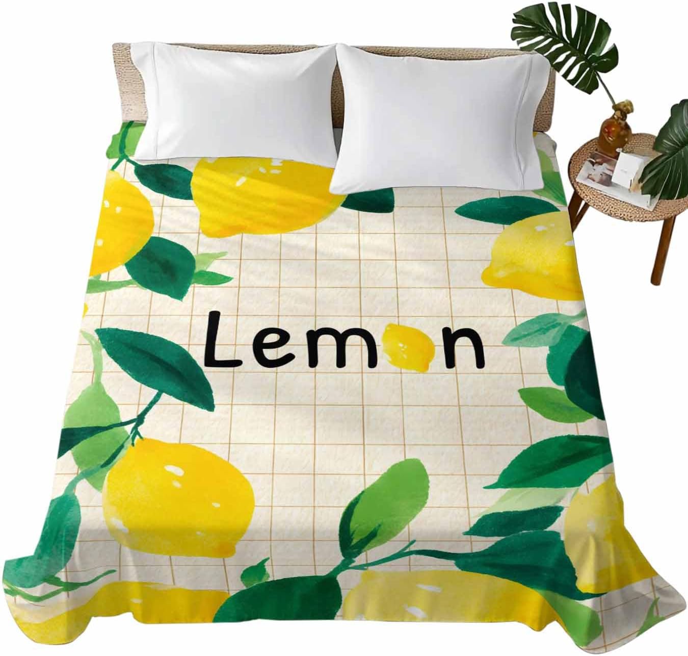 Twin Size Flat Sheet Only, Summer Lemon Leaf Plaid Stripe Bed Top Sheet Soft Microfiber Breathable Bedding Flat Sheets, Country Yellow Fruit Green Leaves Top Sheets Hotel Luxury