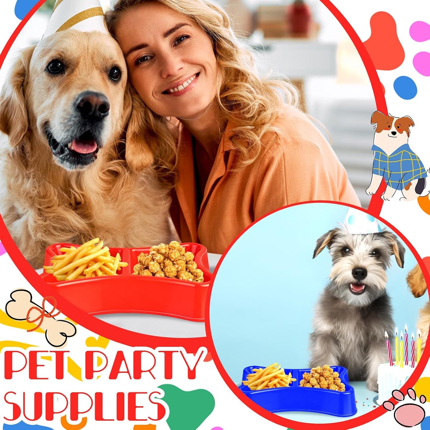 6 Pcs Dog Bone Plastic Bowls Dog Birthday Party Supplies Red Blue and Yellow Food Trays Dual Mouth Food Bowl for Table Puppy Party Decorations