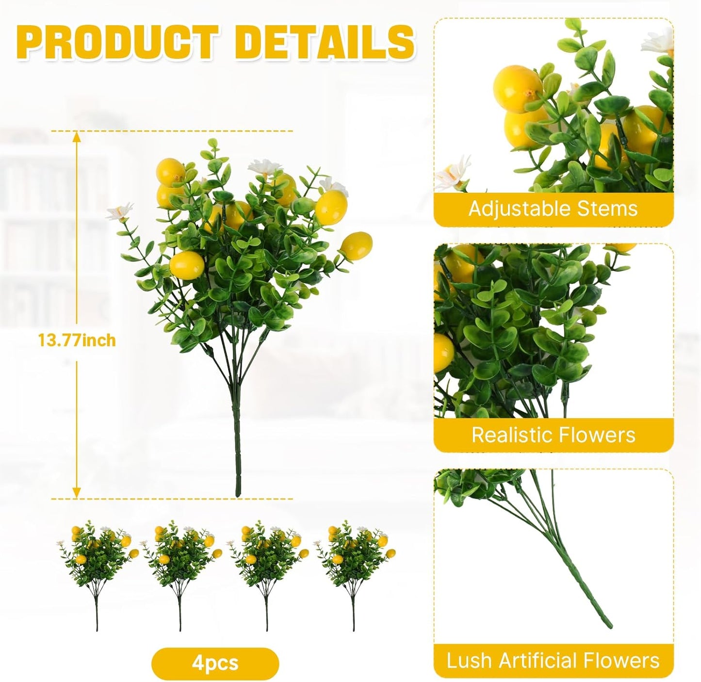 Artificial Lemon Branches, 4 Pcs Fake Lemon Greenery Plants for Wedding Party Table Centerpiece Home Kitchen Outdoor Decor